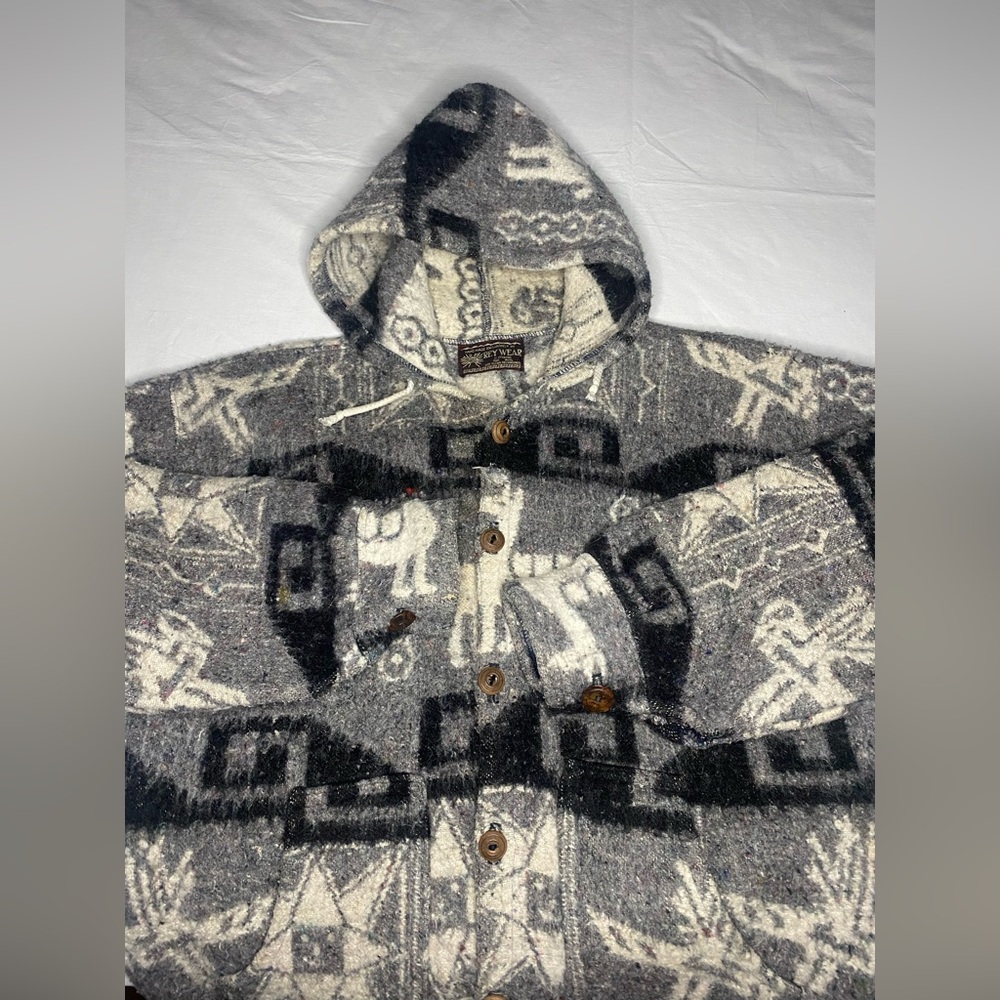 Vintage Rey Wear Hooded Sweater 100% Wool Hand Made In Ecuador Oversized Unisex